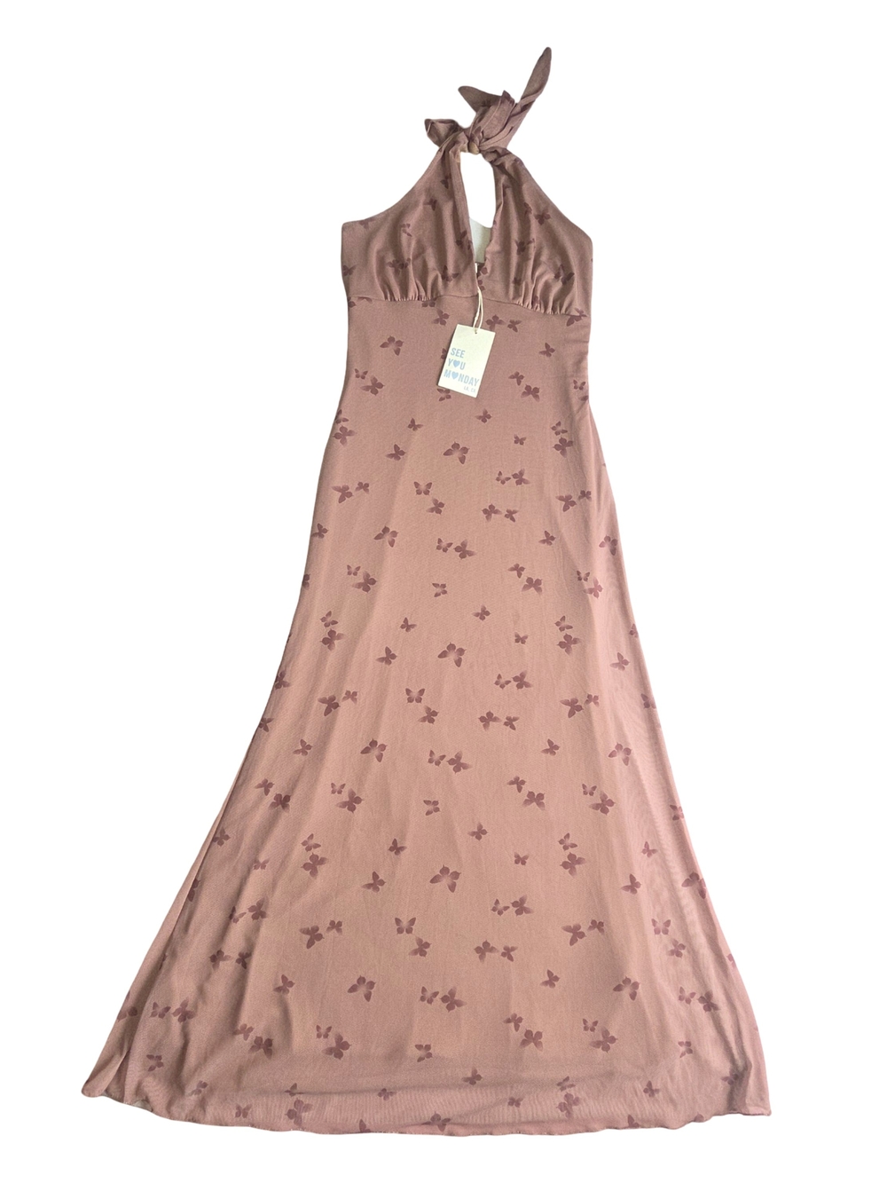 See You Monday Mauve Halter Maxi Dress with Butterfly Print